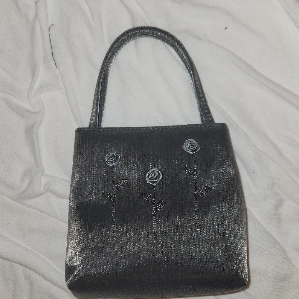 Elegant Dark Grey Floral Satin Handbag. New.